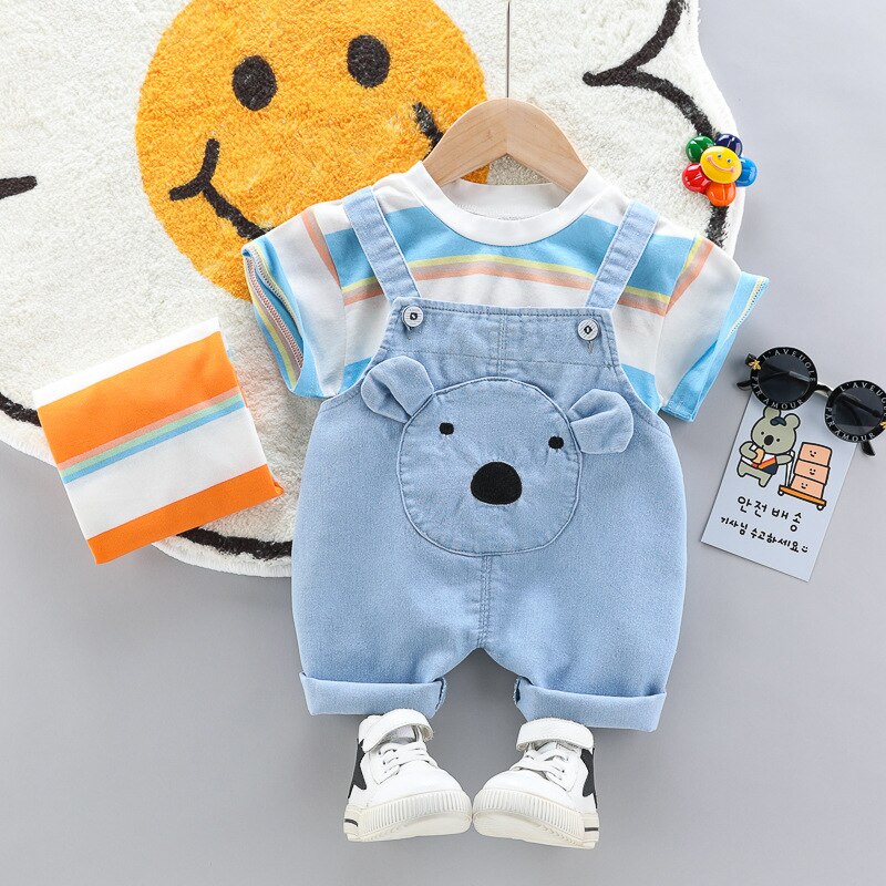 Set Đồ Mùa Hè 2 Món Gồm Áo Thun Sọc + Áo Liền Quần Denim Hoạt Hình Thời Trang Cho Bé Trai /