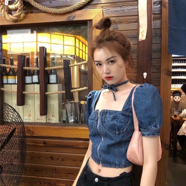 JH Áo croptop denim jean phối nơ chocker liền áo mẫu mới