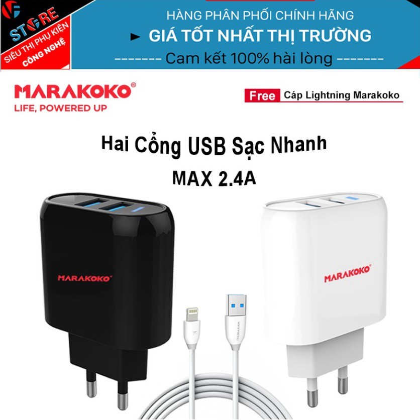 Combo Củ sạc nhanh 2 cổng Marakoko MA16 cao cấp, công nghệ sạc nhanh Smart ID max 2.4A