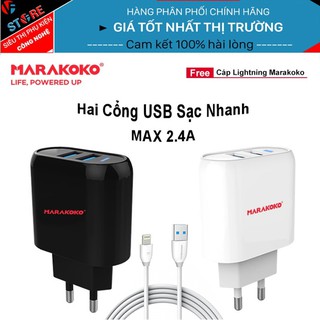 Combo Củ sạc nhanh 2 cổng Marakoko MA16 cao cấp, công nghệ sạc nhanh Smart ID max 2.4A