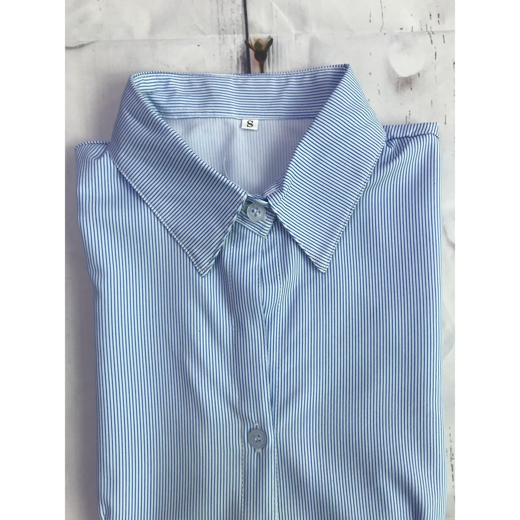 Áo sơ mi nữ kẻ sọc xanh tay ngắn cao cấp vải lụa ASKX204 | BigBuy360 - bigbuy360.vn