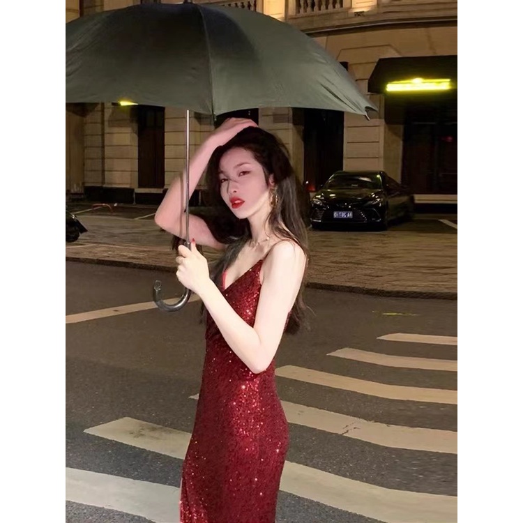 Đầm Dự Tiệc Hai Dây Xẻ Tà Màu Đỏ Quyến Rũ Phong Cách Hồng Kông Thời Trang Cho Nữ