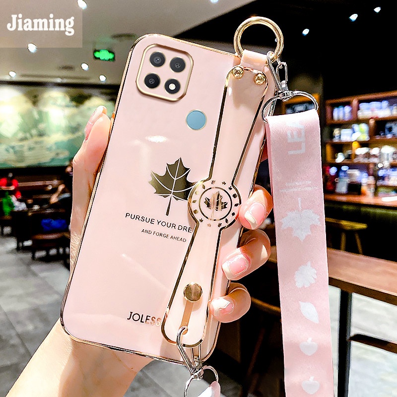 Ốp Điện Thoại Viền Lá Phong Mạ Điện Sang Trọng + Dây Đeo Cho OPPO A15 A15S