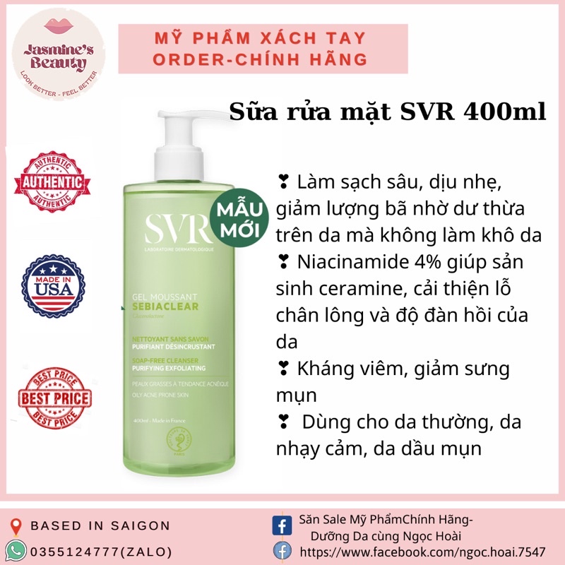 Sữa rửa mặt SVR 400ml da dầu, mụn
