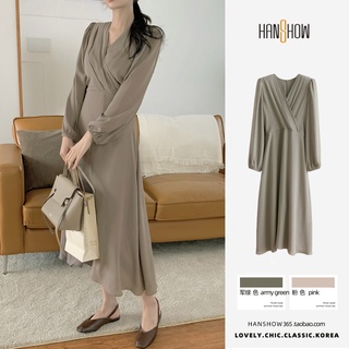 Đầm Dài Cổ Chữ V Eo Cao Phối Dây Buộc Thời Trang Mùa Thu Thanh Lịch Phong Cách Hàn Quốc Cho Nữ  