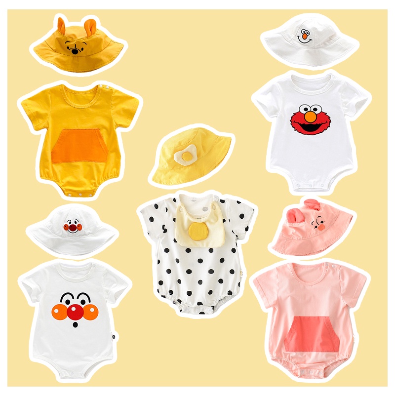 Áo liền quần ngắn tay in hoạt hình + mũ dễ thương thời trang mùa hè cho bé sơ sinh