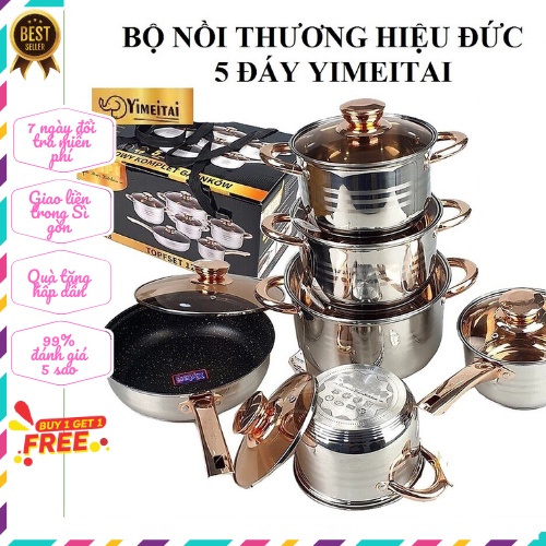 Bộ nồi Đức 5 đáy Yimeitai 6 món lắp hợp kim vàng - dùng cho mọi loại bếp điện, bếp từ, bếp ga
