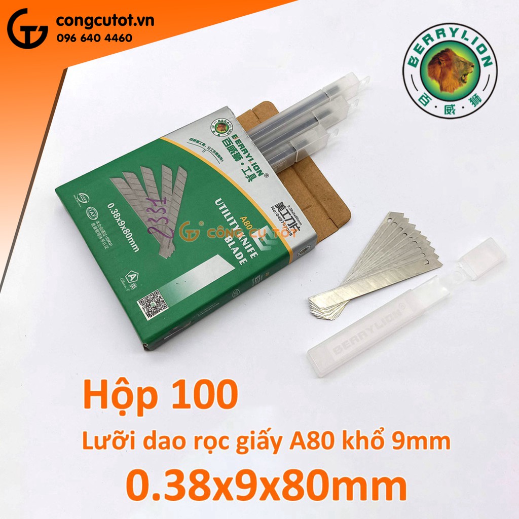 Hộp 100 lưỡi dao rọc giấy Berrylion A80 khổ 9ly (gồm 10 hộp con)