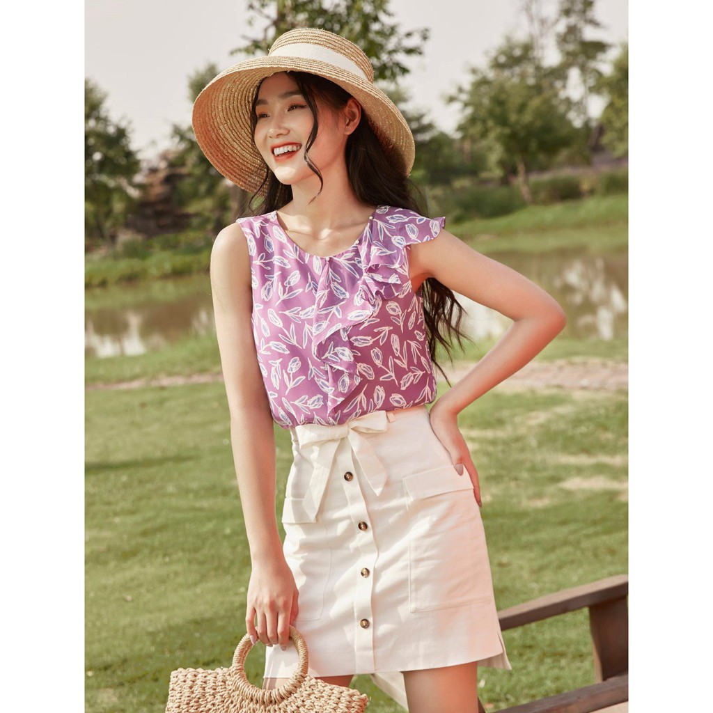 Áo sơ mi hoa sát nách, phối bèo lệch Emspo SMS2465 (Tím, Tím than)