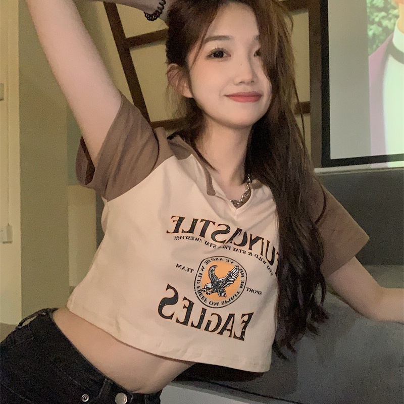 SUXI Áo Thun Lửng Tay Ngắn Dáng Ôm In Chữ Thời Trang Mùa Hè Cho Nữ