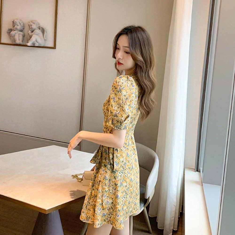 Đầm Chữ A Tay Phồng Cổ Chữ V Thắt Dây Nhấn Eo Tôn Dáng In Họa Tiết Hoa Lãng Mạn Kiểu Pháp Cho Nữ