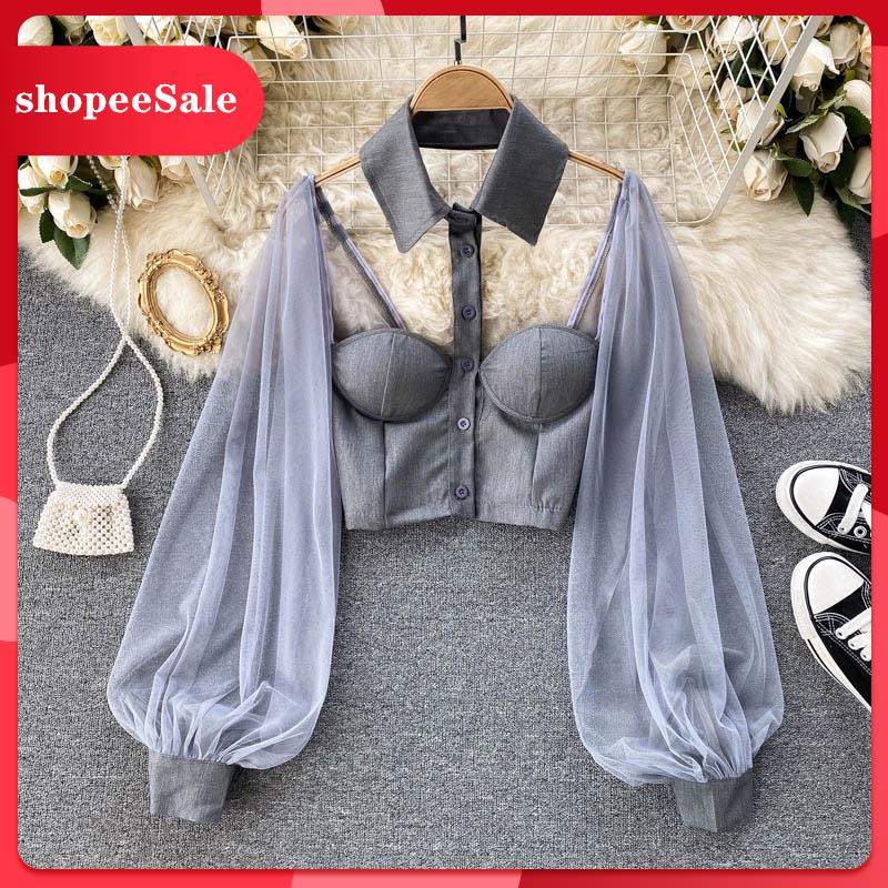 Áo sơ mi ngắn cổ trụ Polo thiết kế rỗng rãi Lưới cho phụ áo kiểu nữ