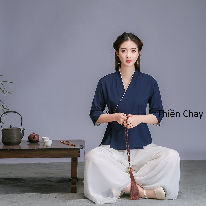 Quần áo phật tử Đi lễ chùa Tập thiền & Yoga - Bộ nữ cổ chéo Thiên Khôi vải đũi cotton mềm cao cấp