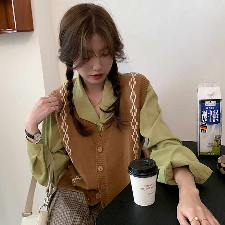 Áo len ZHELIHANGFEI không tay dáng rộng họa tiết kim cương theo phong cách đi học dễ phối đồ