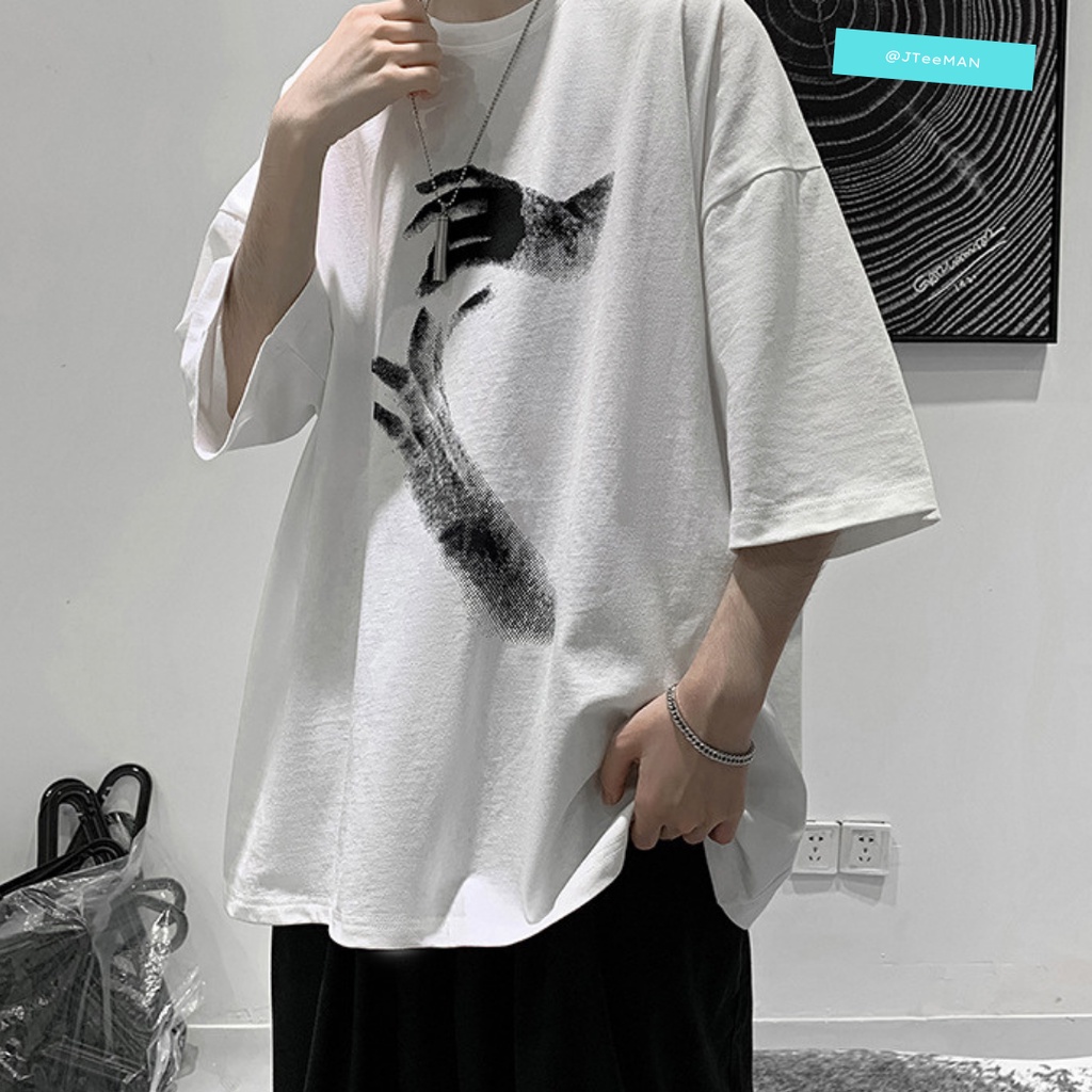 Áo thun Unisex tay lỡ form rộng in 2 bàn tay, áo phông Unisex cá tính vải cotton cao cấp 2 màu Trắng Đen JTeeMan - JT26
