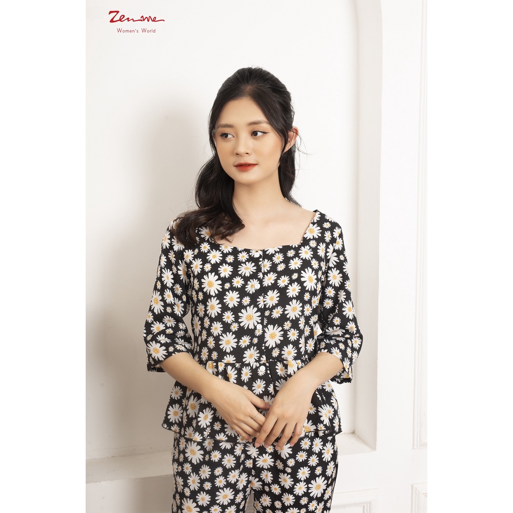 Đồ Bộ Nữ Mặc Nhà Tay Lửng Quần Dài Cổ Vuông Nữ Tính PJB1221, Zen Me Women's World