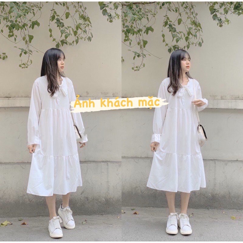 [Ảnh thật/Video] Váy babydoll trắng nơ cổ phong cách ulzzang Váy trắng tiểu thư 2 lớp | BigBuy360 - bigbuy360.vn