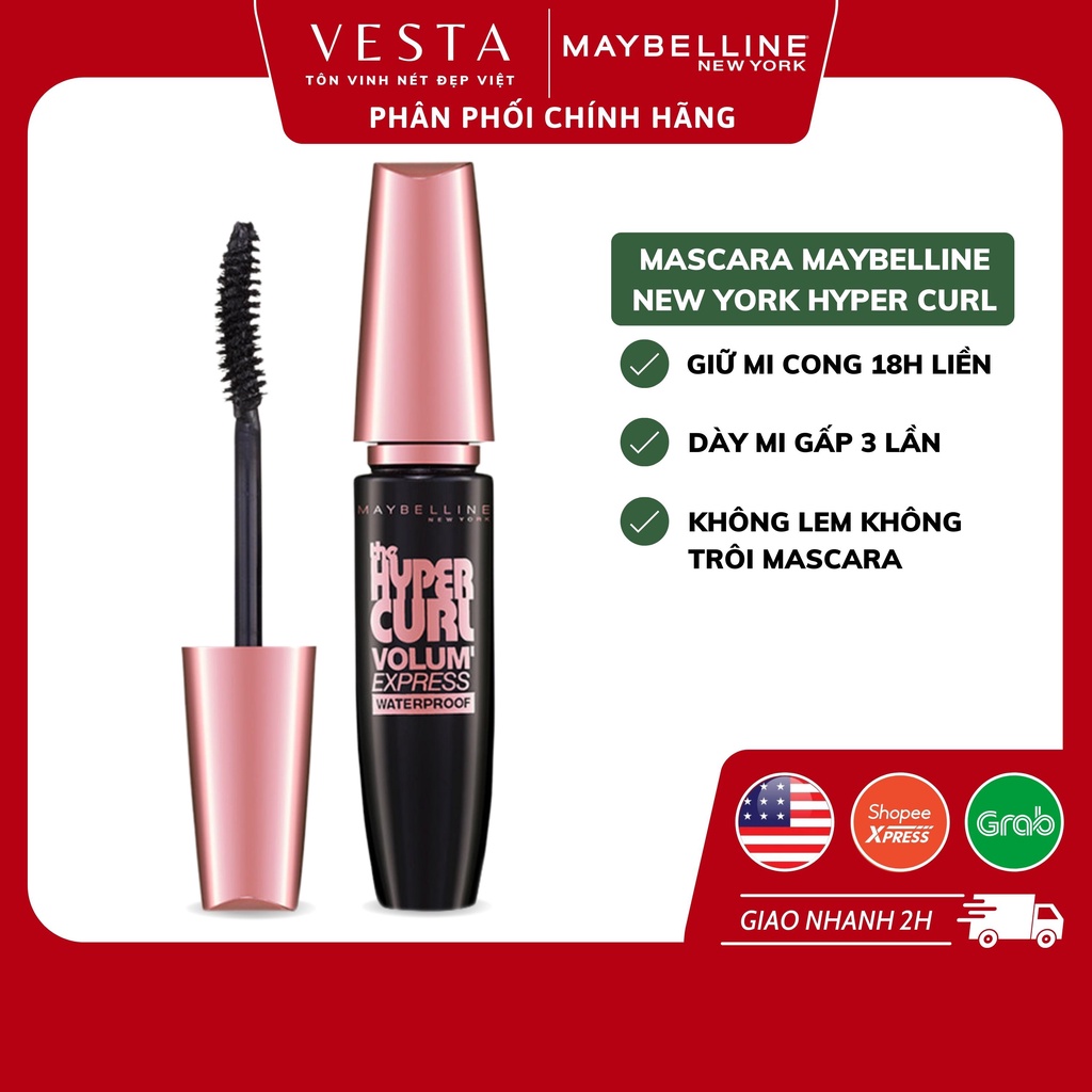 Mascara Maybelline Dài Mi và Cong Mi New York Hyper Curl Waterproof 9.2ml (Hồng)