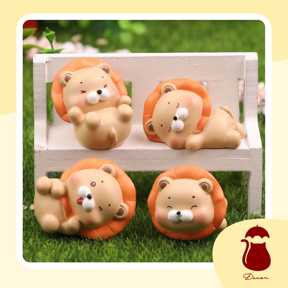 Full Set mô hình 4 chú sư tử Ô DECOR, tượng sư tử decor mini để bàn màu cam full biểu cảm đáng yêu dễ thương cute