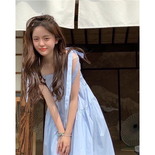 Đầm Nữ 2 Dây Bản To Buộc Nơ 3 Tầng 🦋 Váy Nữ Babydoll Trơn Dáng Dài 2 Màu 🦋