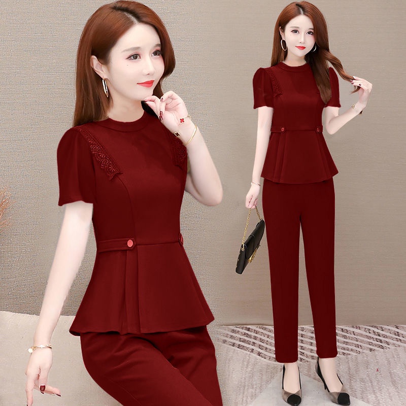 Set Áo Ren Màu Trơn Phối Quần Dài Ống Đứng Thoáng Khí Thời Trang Cho Nữ