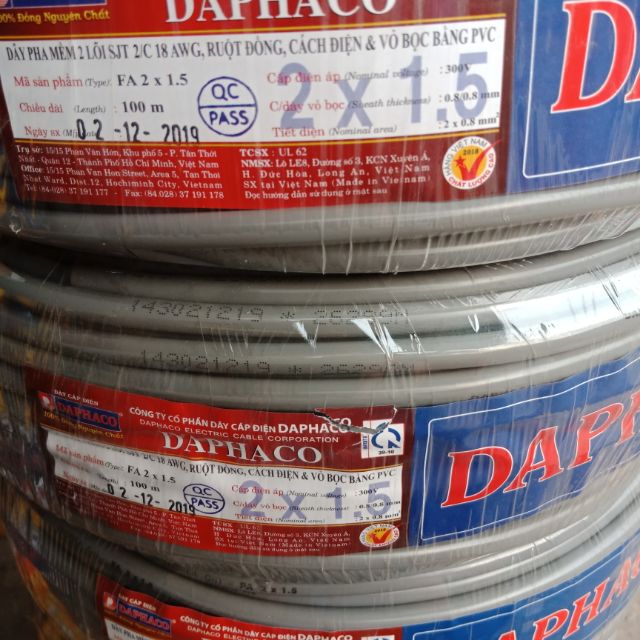 Dây điện đôi 2x1.5 Daphaco -100m dây pha tròn xám 2 vỏ bọc PVC