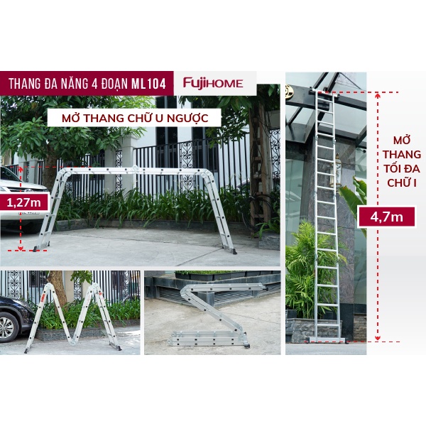 Thang nhôm gấp 4 đoạn đa năng 4,7m FUJIHOME xếp gọn 4 khúc chữ M aluminum ladder BH 1 năm