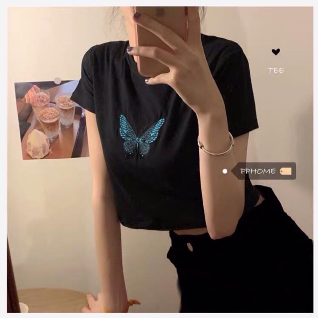 ÁO CROPTOP ĐEN THÊU HÌNH CON BƯỚM