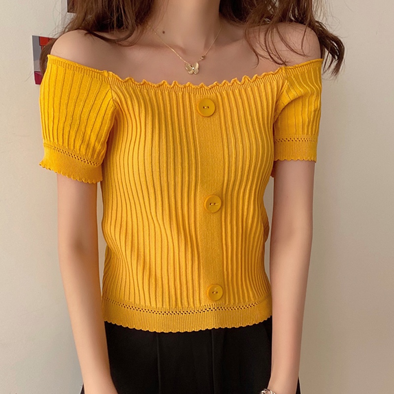 Áo Kiểu Dệt Kim Mỏng Tay Ngắn Hở Vai Nhiều Màu Phong Cách Pháp Thanh Lịch Cho Nữ