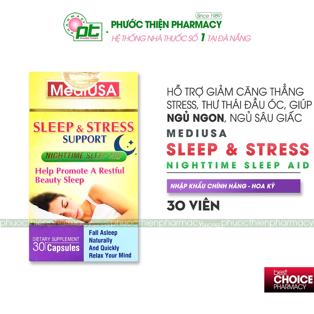 Viên uống giúp ngủ ngon và giảm lo âu, căng thẳng MediUSA Sleep & Stress Support Lọ 30 Viên