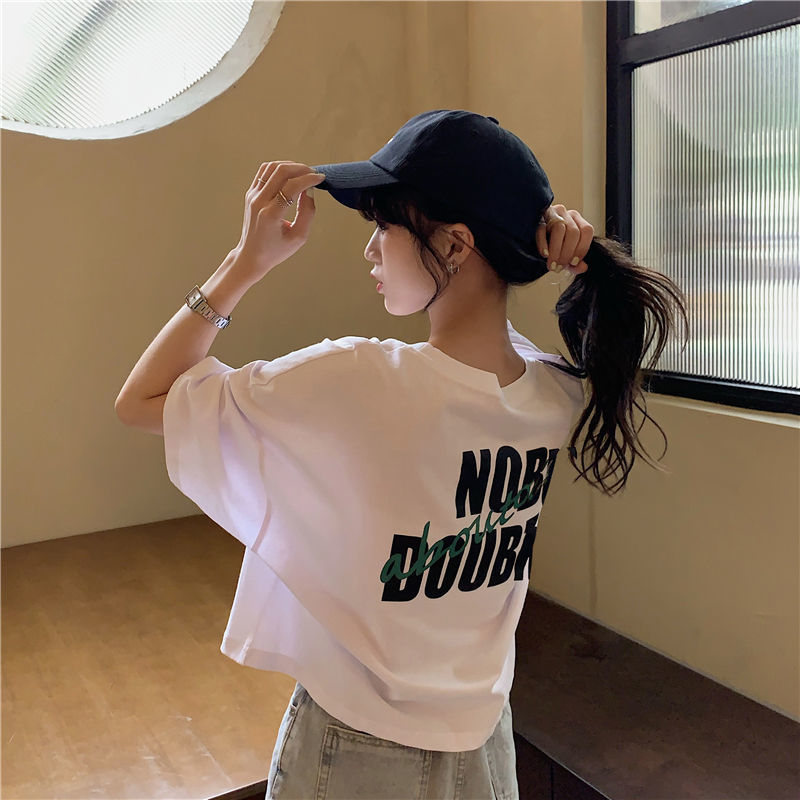 [3color] T-shirt Chic Elegant White Short Short Sleeve T-shirt Women's Ins Korean Style Printed Fashionable round Neck Pullover Top Clothes [S-2XL]]