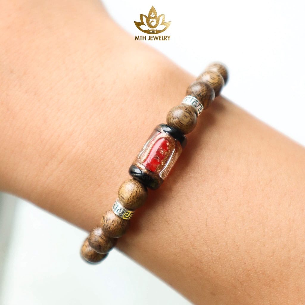 Vòng Tay Trầm, Hạt Tròn Đơn Mix Đá Trúc Ngũ Sắc - MTH JEWELRY
