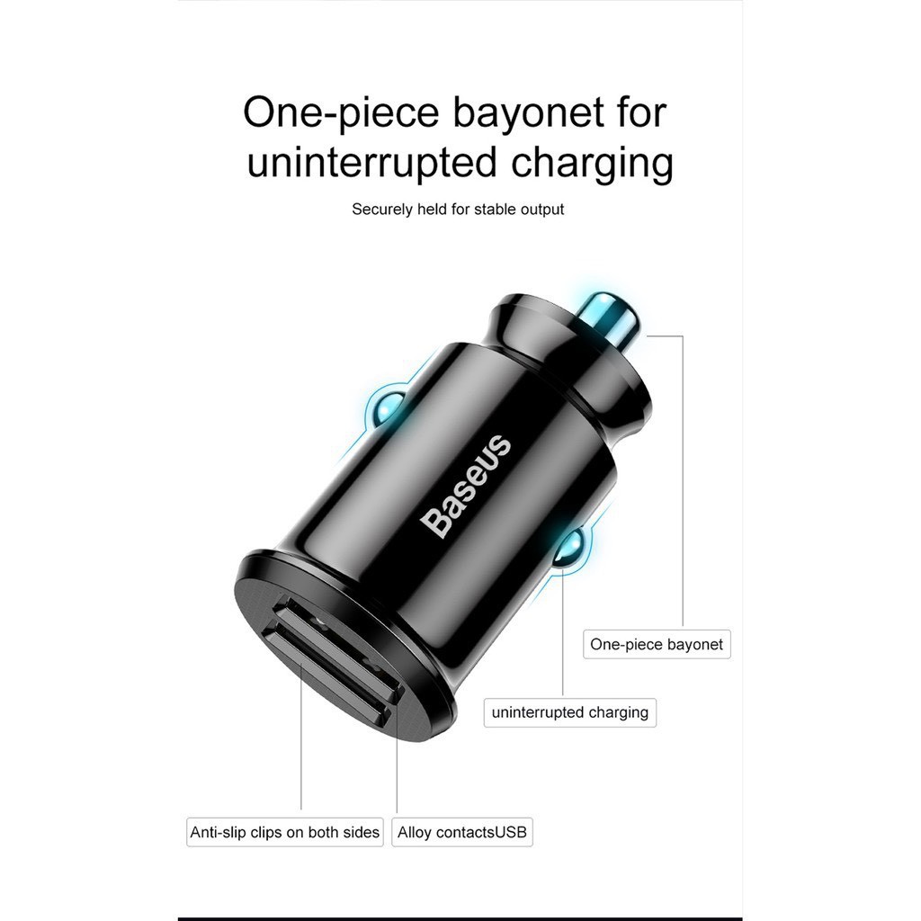 Tẩu sạc 2 cổng dùng cho xe hơi Baseus (5V, 3.1A Fast Charge, 2 cổng USB) - Sạc nhanh - Nhỏ gọn - Hàng chính hãng