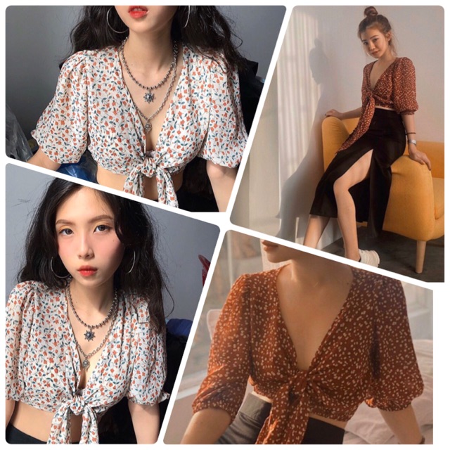 ÁO CROP HOA CỘT NƠ NGỰC (KÈM HÌNH THẬT)