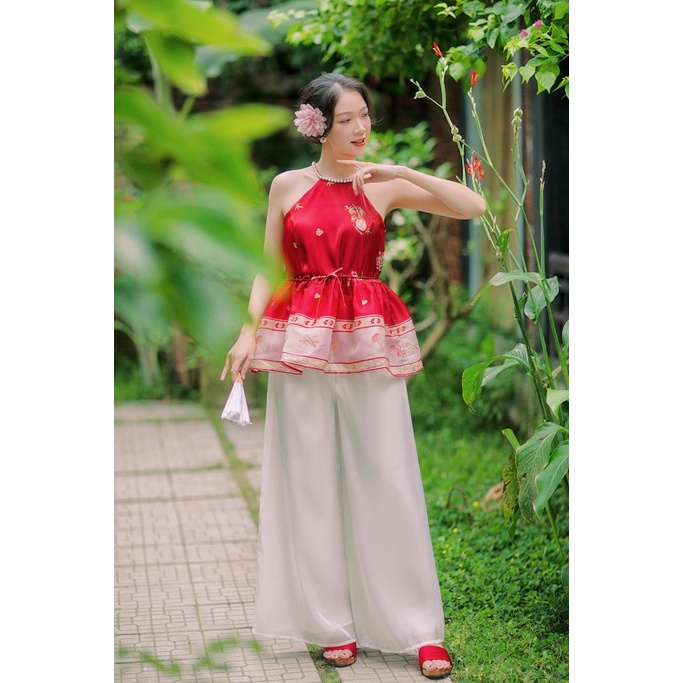 Sumire Store Áo yếm xòe organza Hoa Niên Ca - Đỏ