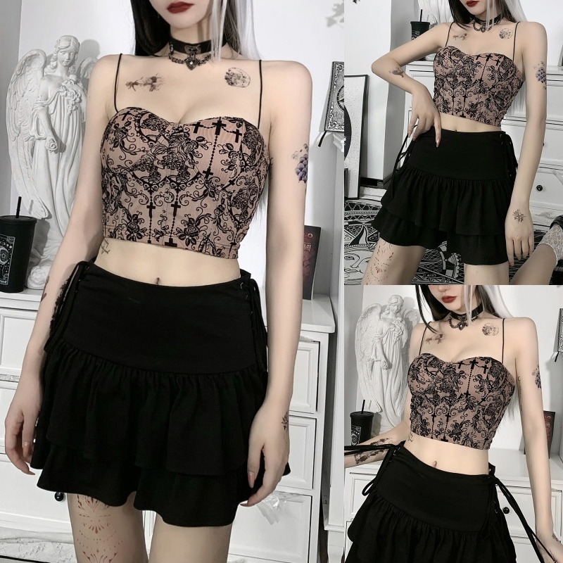 Brroa Áo Croptop Hai Dây Mỏng Cổ Chữ V Họa Tiết Hoa Vintage Goth Gợi Cảm Cho Nữ
