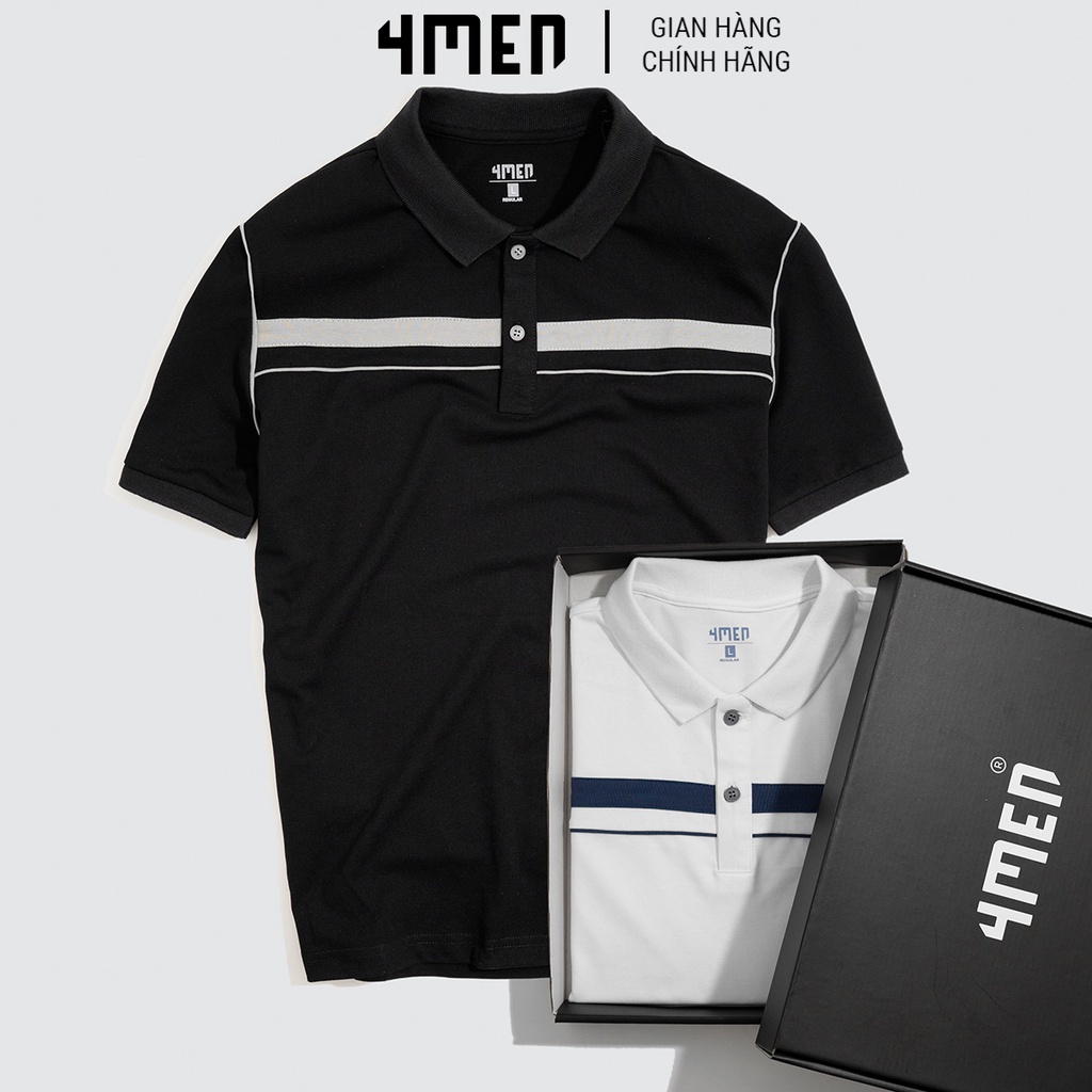 ☍Áo thun polo nam đẹp 4MEN PO043 có cổ trụ bẻ vải cá sấu cotton hàng hiệu phối màu kẻ ngang, viền nách mới lạ, trẻ trung