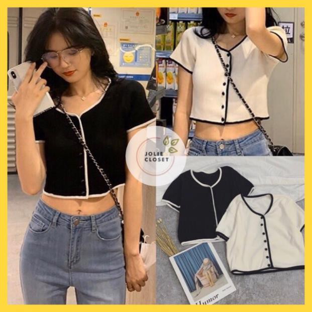 Áo Croptop Tay Ngắn Phối Viền Đen Trắng