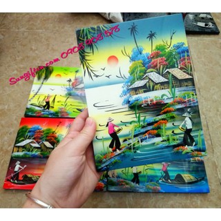 Tranh sơn mài hình chữ nhật cảnh đồng quê Việt đẹp tinh tế con người làng quê