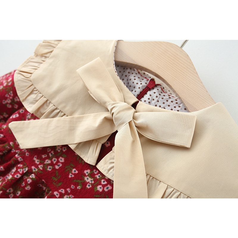 Đầm Thời Trang Mùa Thu 2023 Màu Trơn Đính Nơ In Hoa Dễ Thương Cho Bé Gái 9 Tháng-3 Tuổi