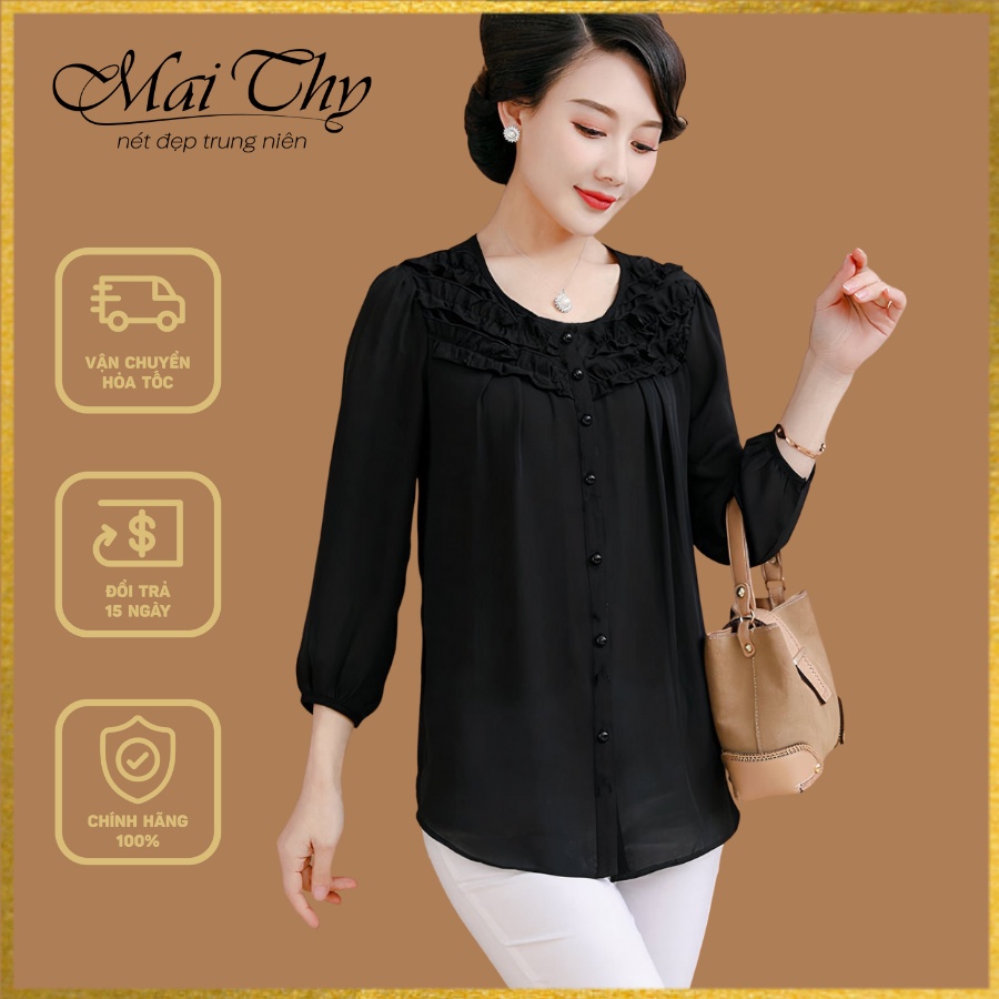Áo Trung Niên Nữ MT355, Kiểu Áo Trung Niên Tay Lỡ Cổ Bèo Đính Nhiều Nút Đẹp Trang Nhã - Thời Trang Trung Nữ BigSize