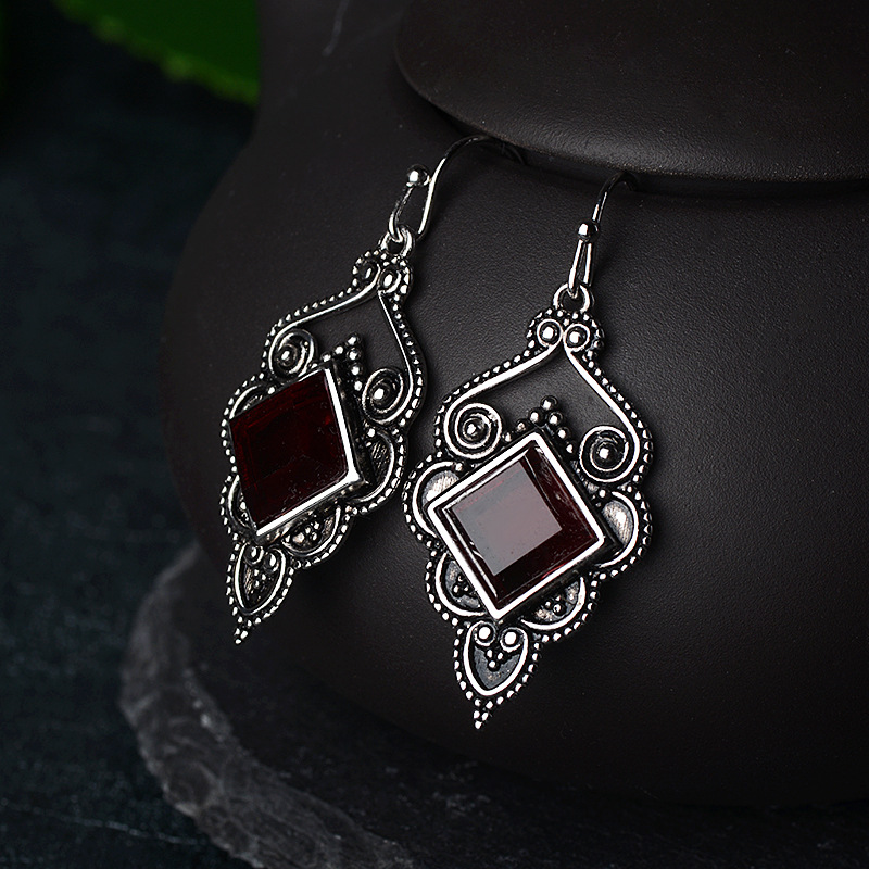 Phong Cách mới Dát Bông Tai Đá Ruby nữ 925-Mạ Vintage Bạc