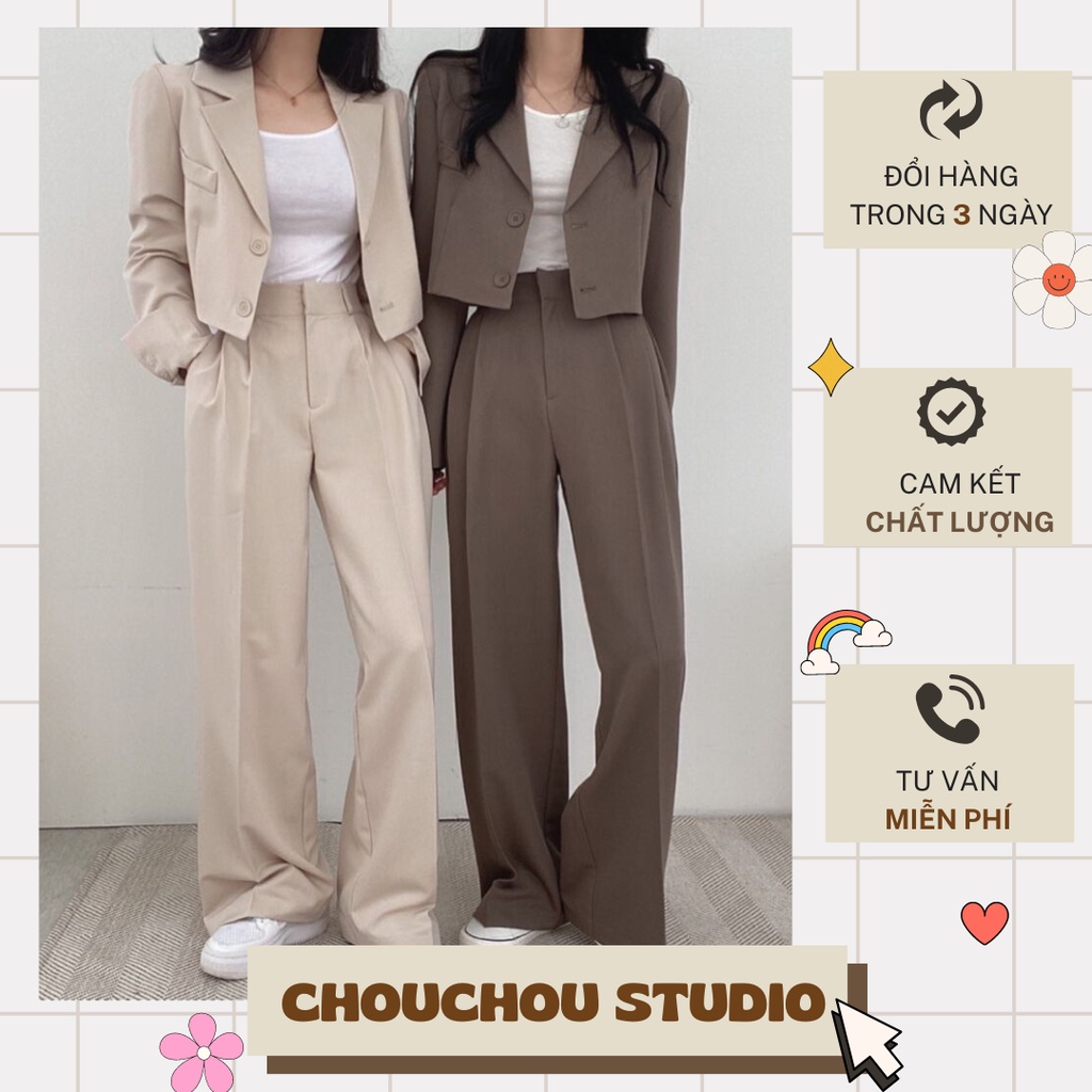 Set Bộ Blazer Âu Nữ Áo Khoác Dài Tay Dáng Croptop Lửng, Quần Vest Cạp Cao Lưng Thu Co Giãn