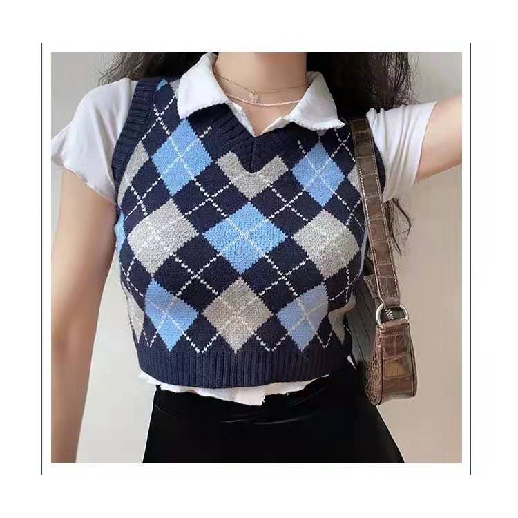 DUNEA Áo dệt kim cổ chữ V đính đá phong cách retro Hàn Quốc