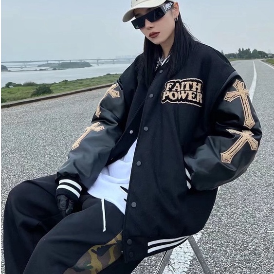 Áo khoác bomber vải da thêu họa tiết chữ thập thời trang cho nam áo khoác nỉ hai lớp |