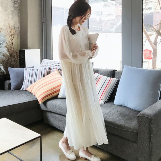 Váy trắng dài tay vintage / Váy babydoll dáng dài | BigBuy360 - bigbuy360.vn