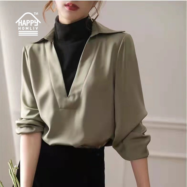 HAPPY HOMLIV Áo Sơ Mi Chiffon Trắng Giả Hai Lớp Cổ Chữ V Dày Dặn Phong Cách Hàn Quốc Cho Nữ big Size