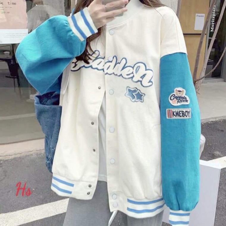 Áo khoác bomẻ jacket thêu ngôi sao phối tay trắng HS