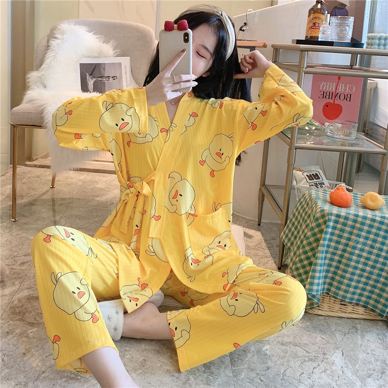 Bộ Đồ Ngủ Kimono Tay Dài Dáng Rộng Họa Tiết Hoa Phong Cách Hàn Quốc Thời Trang Mùa Đông Cho Nữ