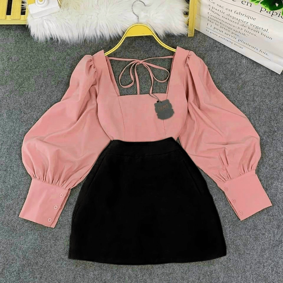 Sét Bộ 2 'Món Áo Cổ Vuông Đan Dây Lưng Kèm Chân Váy Chữ A Chất Tuyết Mưa Mặc nhẹ Mát Phù Hợp Mọi Nơi [NEW UNISEX]